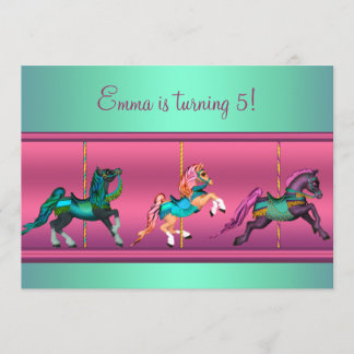 Invitación Fiesta de Cumpleaños de Pony Tiovivo Rosa y Turque