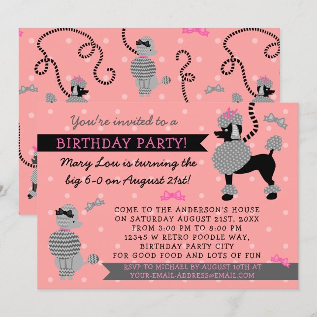 Invitación Fiesta de cumpleaños de Poodle Skirt Retro Pink Bl (Anverso / Reverso)