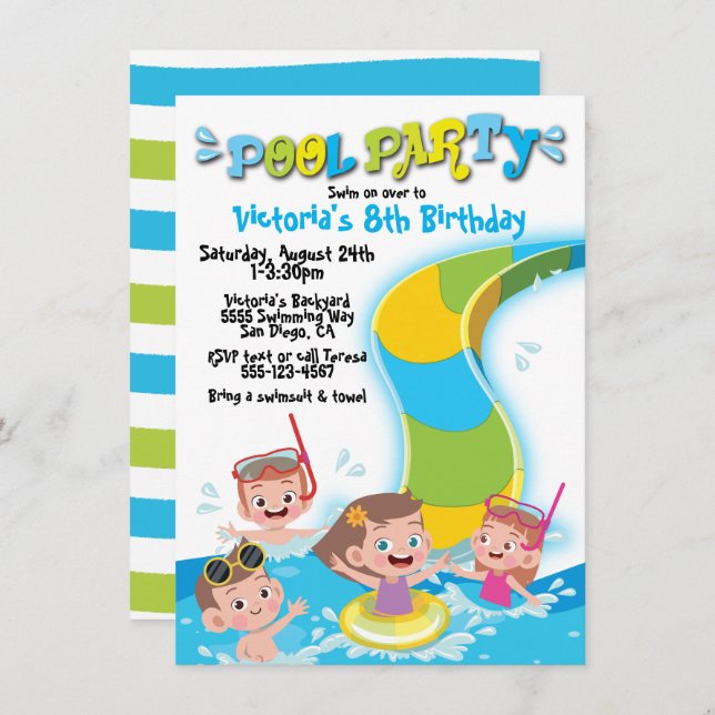 Invitación Fiesta de cumpleaños de Pool Waterslide (Anverso / Reverso)
