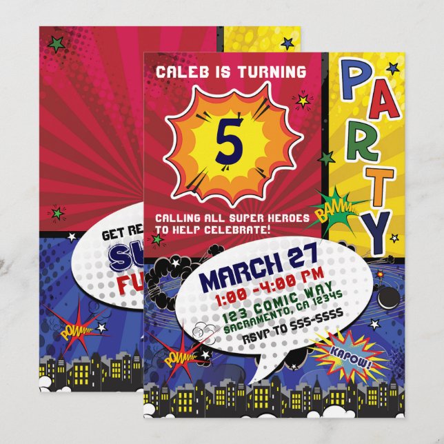 Invitación Fiesta de Cumpleaños de Pop Art de Cómics (Anverso / Reverso)