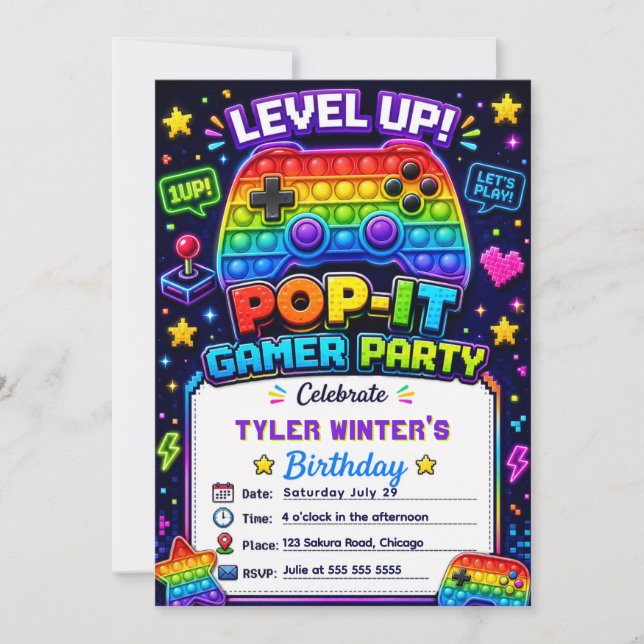 Invitación Fiesta de cumpleaños de Pop It Gamer Party (Anverso)