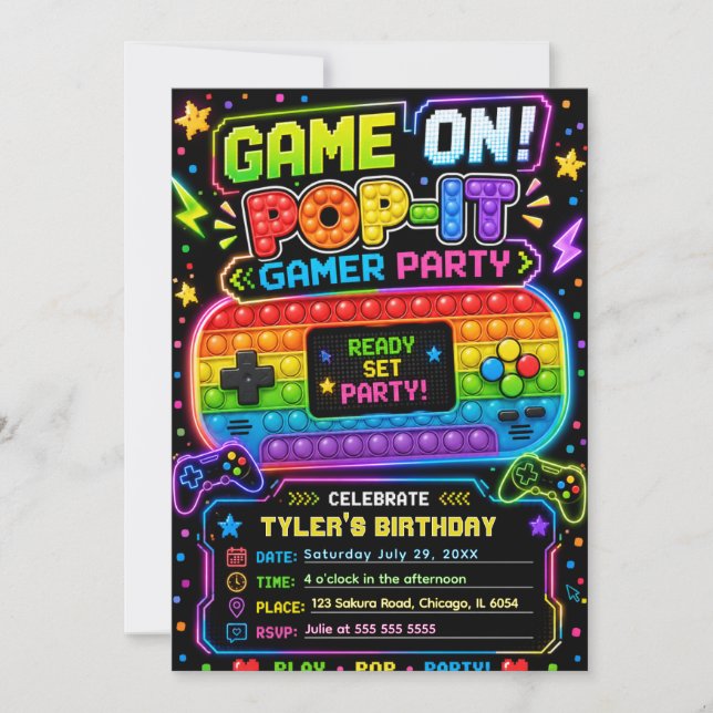 Invitación Fiesta de cumpleaños de Pop It Gamer Party (Anverso)