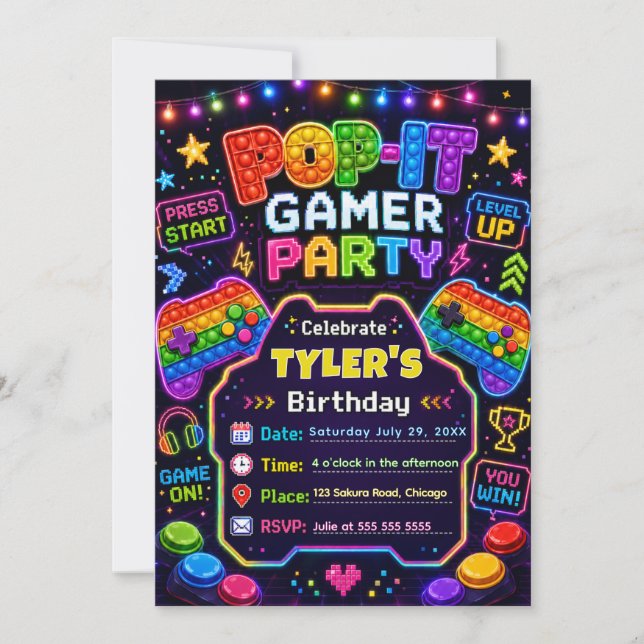 Invitación Fiesta de cumpleaños de Pop It Gamer Party (Anverso)
