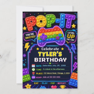 Invitación Fiesta de cumpleaños de Pop It Gamer Party