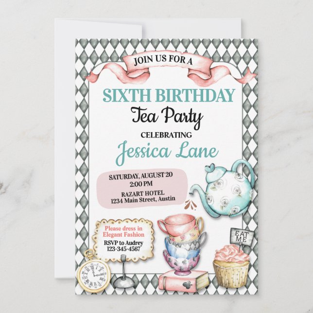 Invitación Fiesta de cumpleaños de Pretty Tea (Anverso)