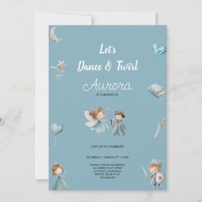 INVITACIÓN FIESTA DE CUMPLEAÑOS DE PRINCESA AZUL SENCILLA Y B (Anverso)