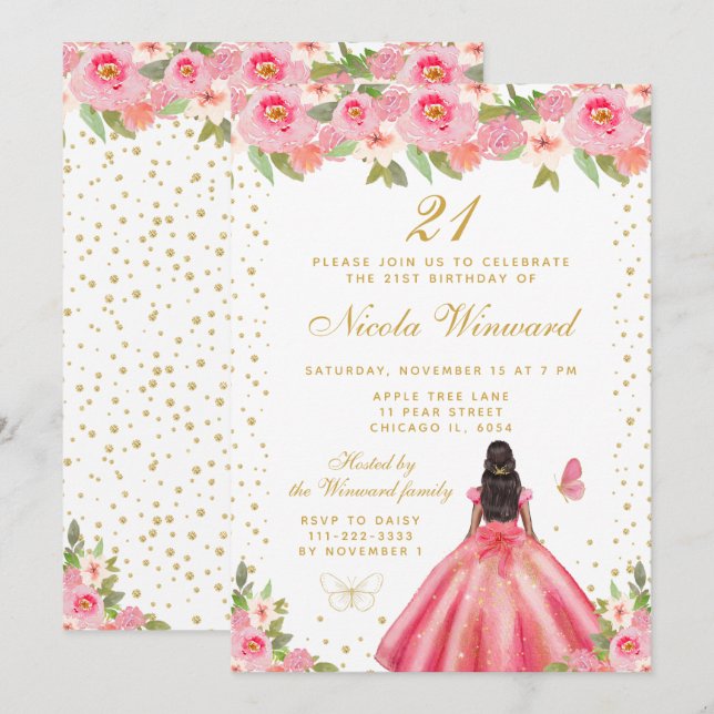 Invitación Fiesta de cumpleaños de princesa de piel oscura co (Anverso / Reverso)
