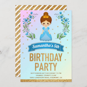 Invitación Fiesta de cumpleaños de Princesa Floral Azul Purpu