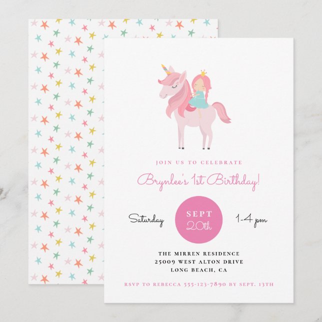 Invitación Fiesta de cumpleaños de Princesa Rosa Unicornio (Anverso / Reverso)