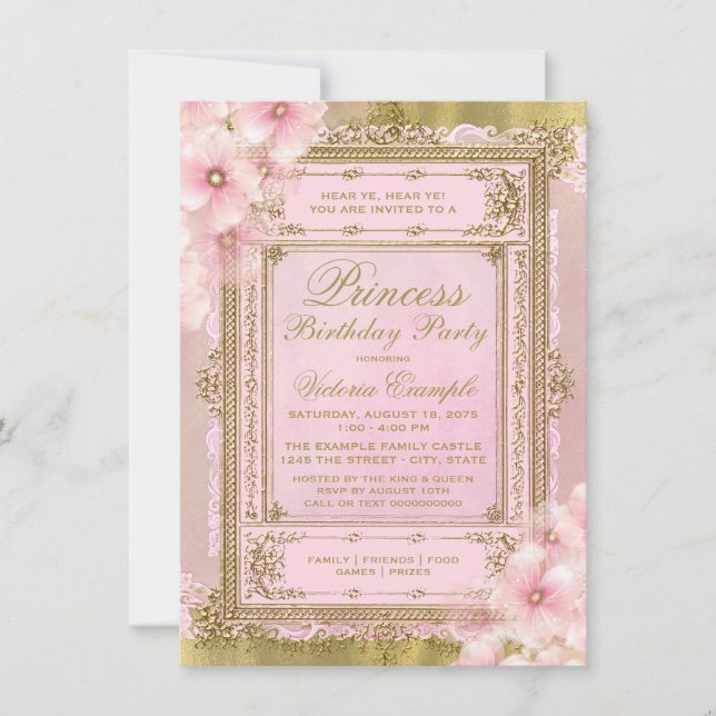 Invitación Fiesta de cumpleaños de princesa rosa y dorada (Anverso)