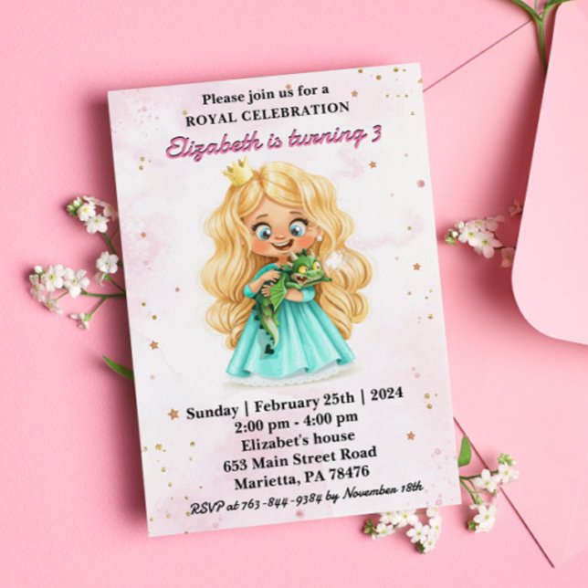 Invitación Fiesta de Cumpleaños de Princesa Rubia con Dragón (Subido por el creador)