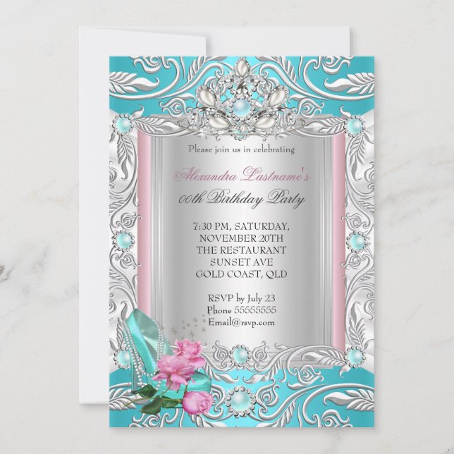 Invitación Fiesta de Cumpleaños de Princesa Tacones Altos Tea (Anverso)