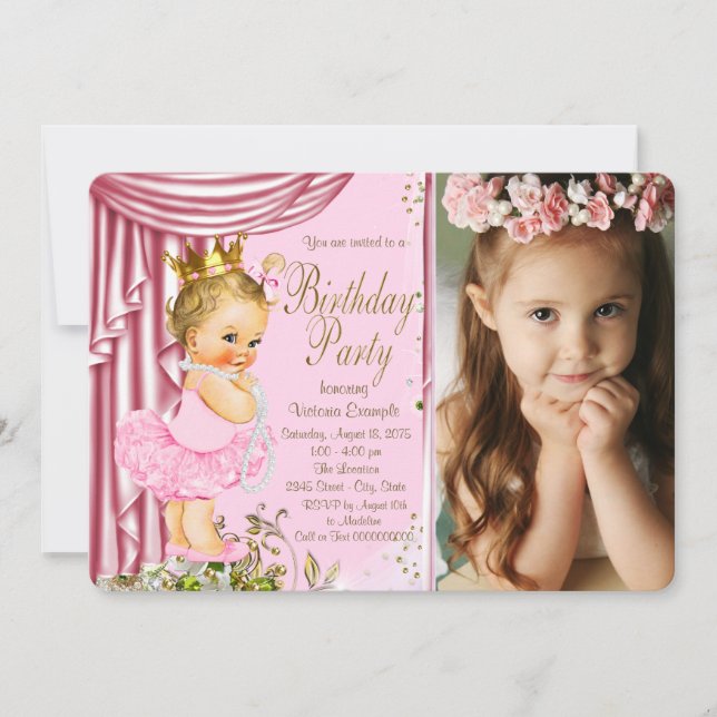 Invitación Fiesta de Cumpleaños de Princesa Tutú de Perlas Ro (Anverso)