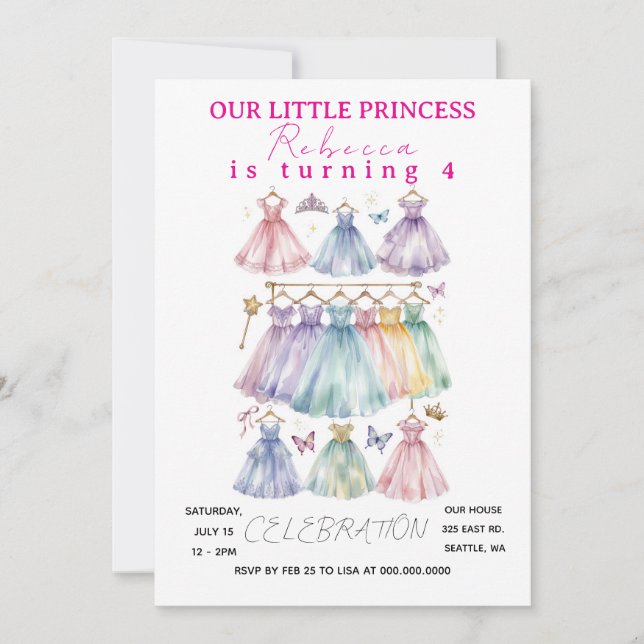 Invitación Fiesta de Cumpleaños de Princesa Vestirse  (Anverso)