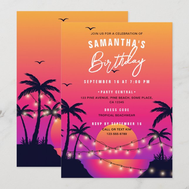 Invitación Fiesta de Cumpleaños de puesta de sol tropical de  (Anverso / Reverso)