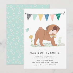 Invitación Fiesta de Cumpleaños de Pug con Corbatín Adorable