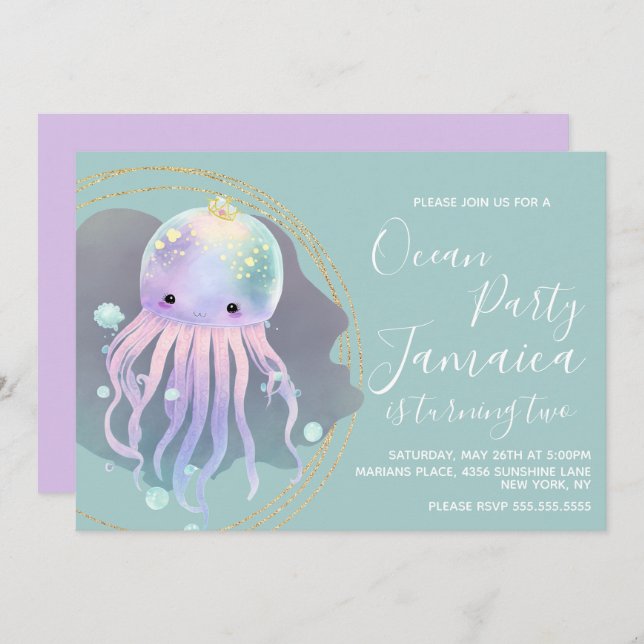 Invitación Fiesta de cumpleaños de pulpo de acuarela en la pl (Anverso / Reverso)