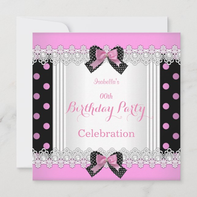 Invitación Fiesta de cumpleaños de punto de polka blanca rosa (Anverso)