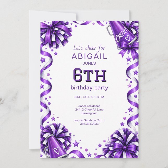 Invitación Fiesta de Cumpleaños de Purple Cheer (Anverso)