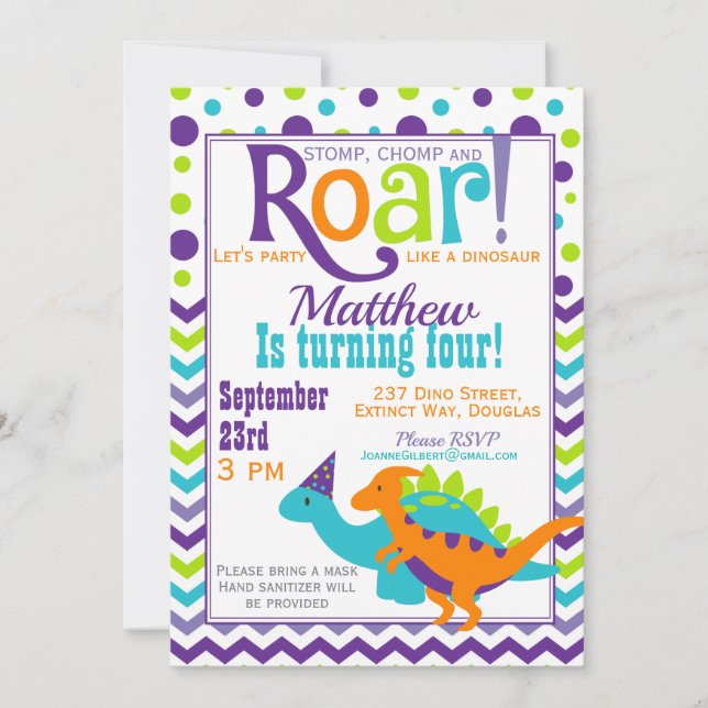 Invitación Fiesta de cumpleaños de Purple Dinosaur Roar (Anverso)
