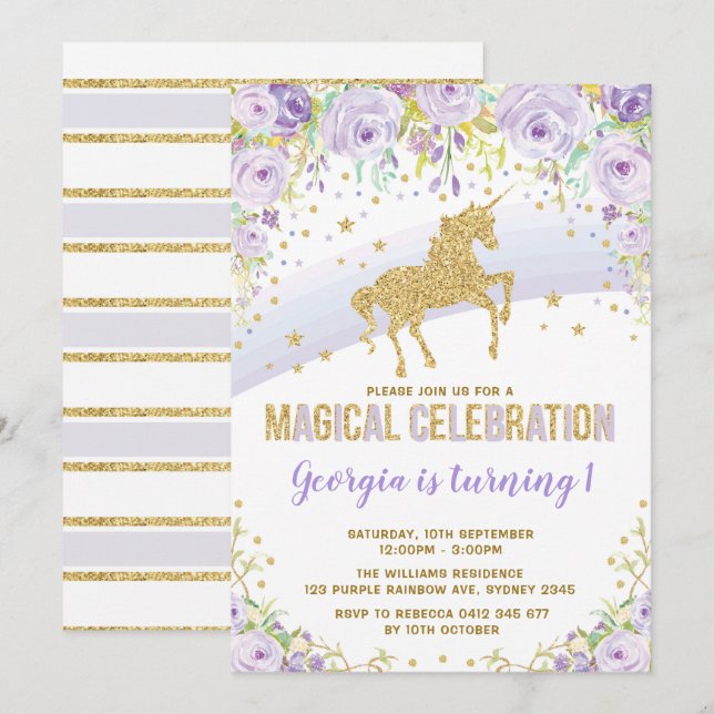 Invitación Fiesta de cumpleaños de Purple Gold Rainbow Unicor (Anverso / Reverso)
