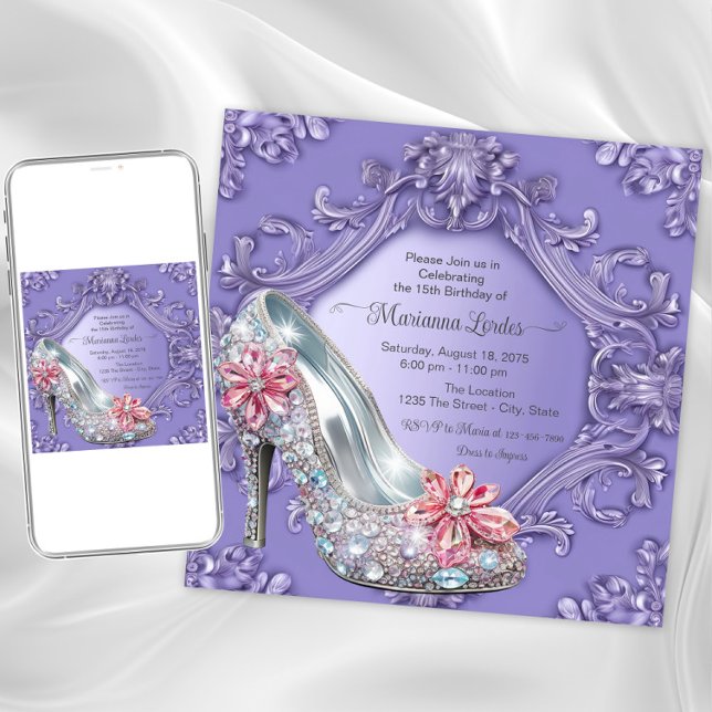 Invitación Fiesta de cumpleaños de Purple Quinceañera (Purple jewel shoe any occasion invitation. Instant download and printed invitations available.)