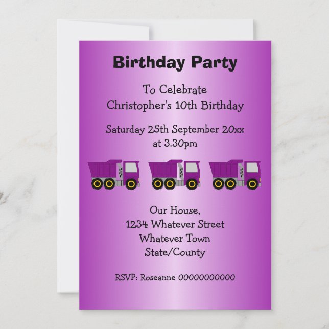 Invitación Fiesta de cumpleaños de Purple Truck Design Boy (Anverso)