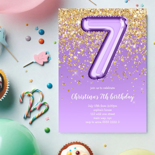 Invitación Fiesta de cumpleaños de purpurina de globo 7º cump (Subido por el creador)