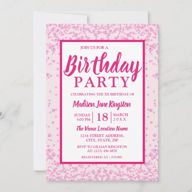 Invitación Fiesta de cumpleaños de Purpurina rosa de todas la (Anverso)