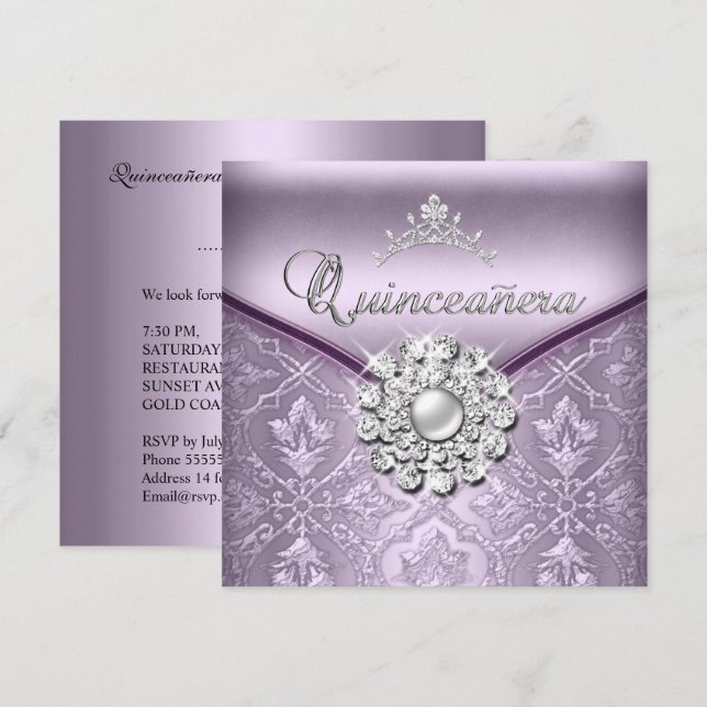 Invitación Fiesta de cumpleaños de Quinceañera 15 Damask Lila (Anverso / Reverso)