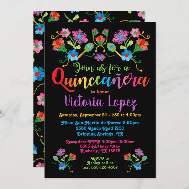 Invitación Fiesta de cumpleaños de Quinceañera con bordado (Anverso / Reverso)