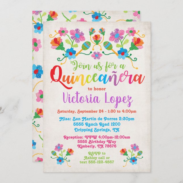 Invitación Fiesta de cumpleaños de Quinceañera con bordado (Anverso / Reverso)