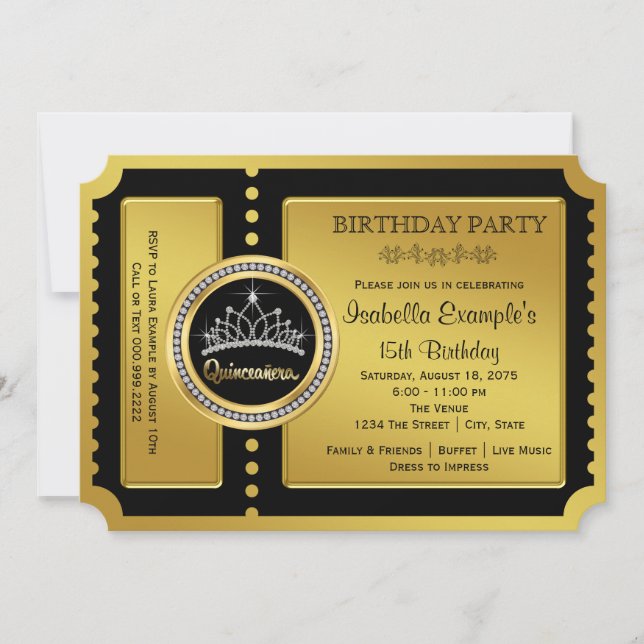 Invitación Fiesta de cumpleaños de Quinceanera de Oro y Negro (Anverso)
