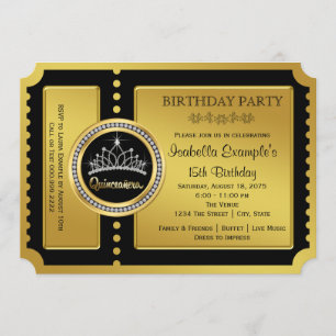 Invitación Fiesta de cumpleaños de Quinceañera negra y dorada