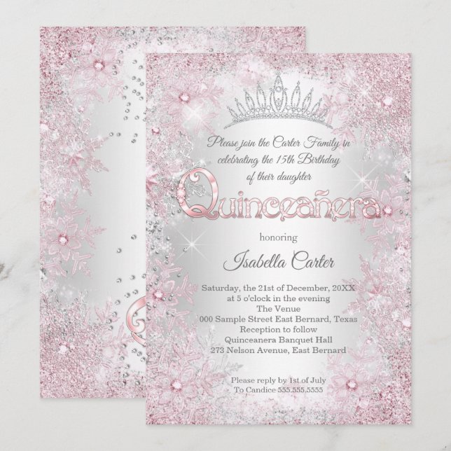 Invitación Fiesta de Cumpleaños de Quinceañera Princesa Rosa  (Anverso / Reverso)