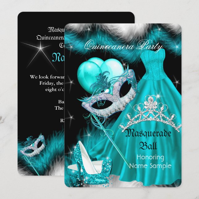 Invitación Fiesta de cumpleaños de Quinceanera Verde azulada  (Anverso / Reverso)