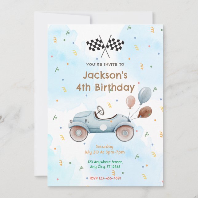 Invitación Fiesta de cumpleaños de Race Car (Anverso)