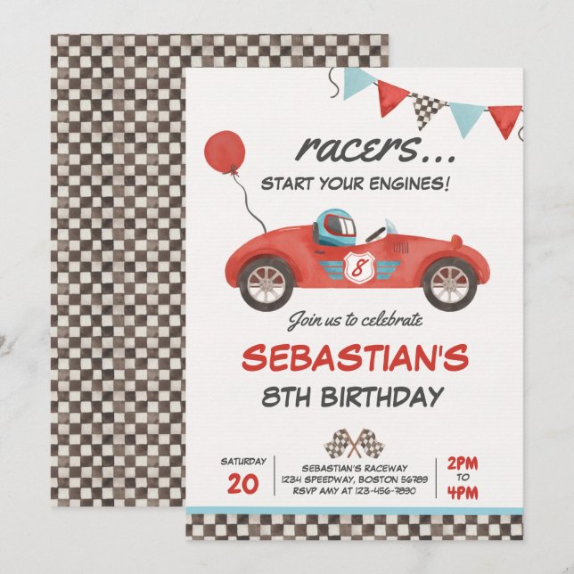Invitación Fiesta de cumpleaños de Race Car Birday Red Carrer (Anverso / Reverso)