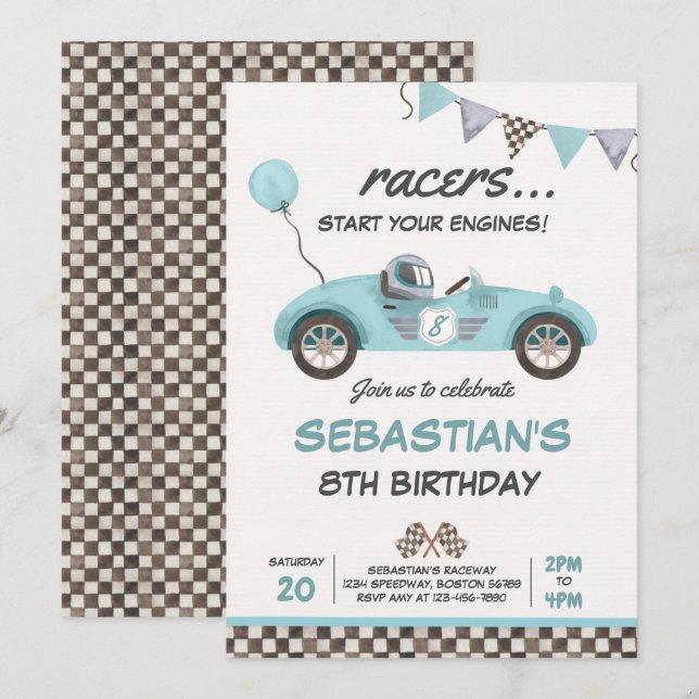 Invitación Fiesta de cumpleaños de Race Car Birday Red Carrer (Anverso / Reverso)