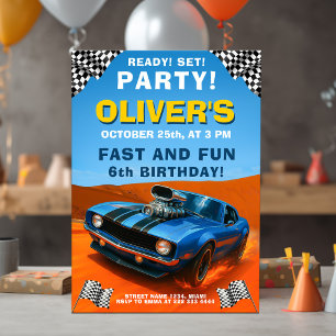 Invitación Fiesta de cumpleaños de Race Car con Blue Hot Rod
