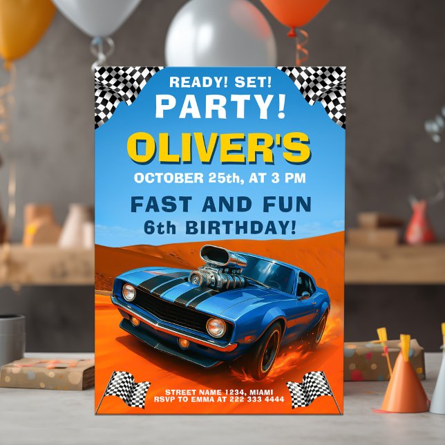 Invitación Fiesta de cumpleaños de Race Car con Blue Hot Rod (Subido por el creador)