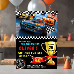 Invitación Fiesta de cumpleaños de Race Car con trofeo y band