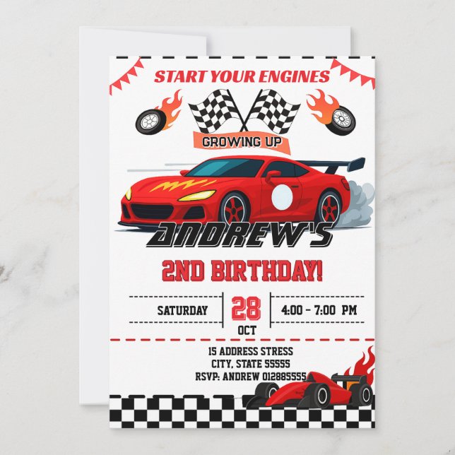 Invitación fiesta de cumpleaños de Race Car personalizado (Anverso)