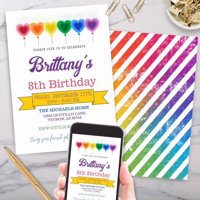 Invitación Fiesta de cumpleaños de Rainbow Heart Balloons (Fun rainbow colored heart shaped balloons birthday party invitation for birthday celebration)