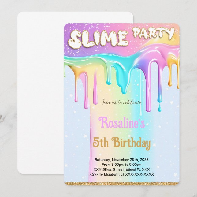 Invitación Fiesta de cumpleaños de Rainbow Slime (Anverso / Reverso)