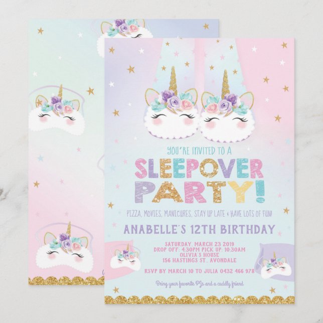 Invitación Fiesta de cumpleaños de Rainbow Unicorn Sleepover (Anverso / Reverso)