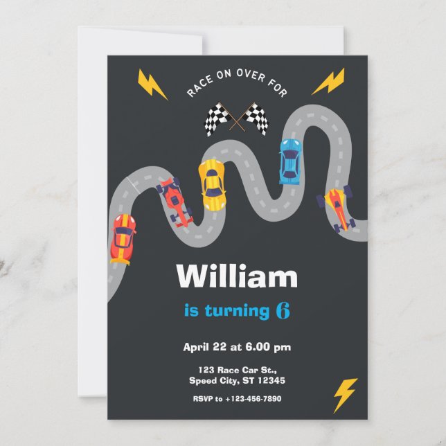 Invitación Fiesta de Cumpleaños de Rally de Autos de Carrera (Anverso)