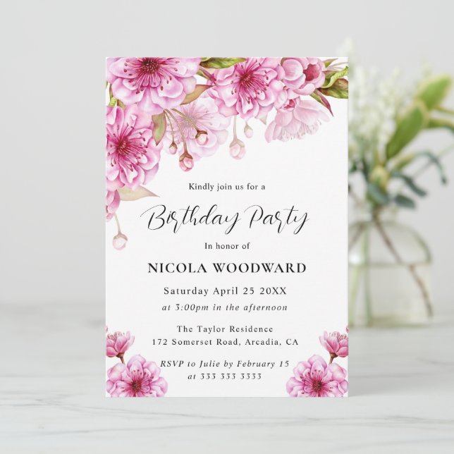 Invitación Fiesta de Cumpleaños de Rama de Flor de Cerezo en  (Anverso de pie)