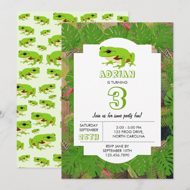 Invitación Fiesta de cumpleaños de rana de árbol verde lindo (Anverso / Reverso)