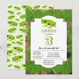 Invitación Fiesta de cumpleaños de rana de árbol verde lindo